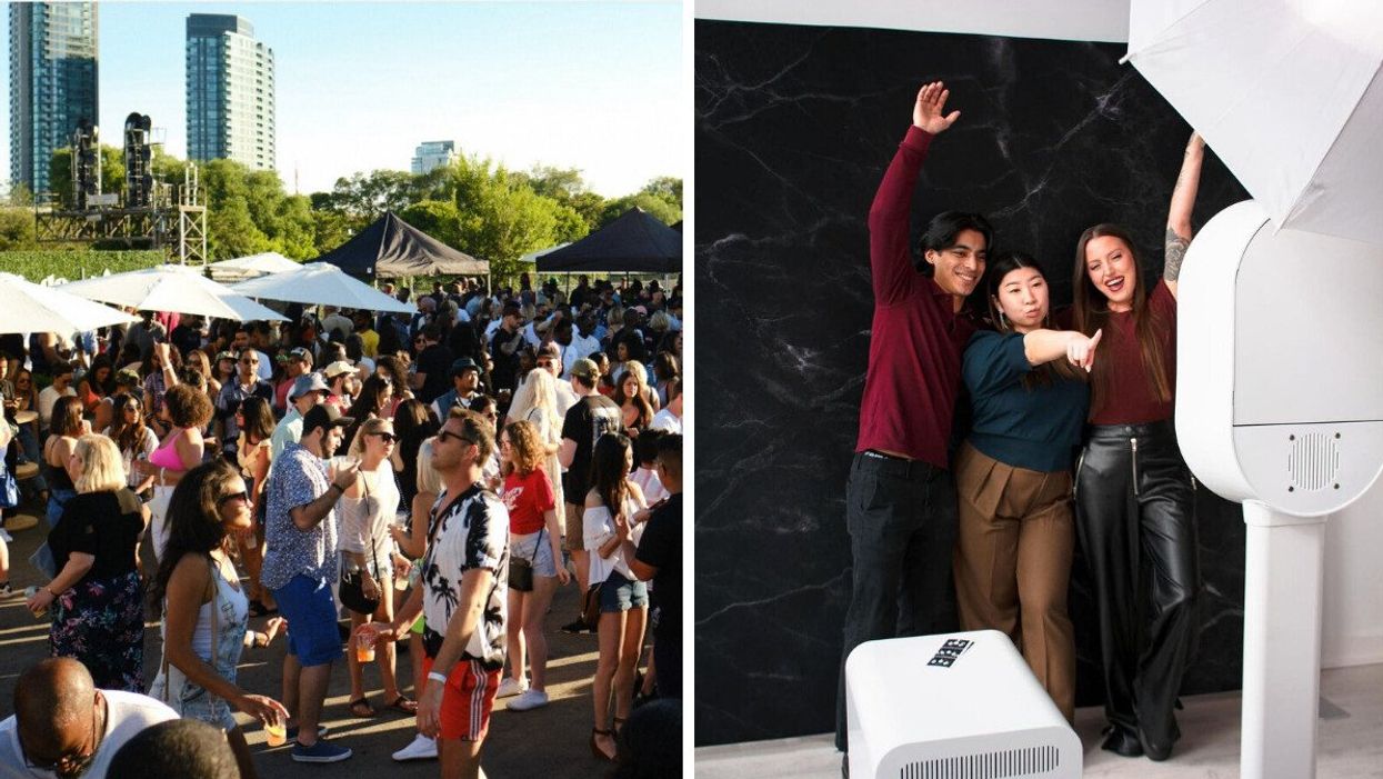 Gathering of people in Toronto. Right: People posing by a photo booth.