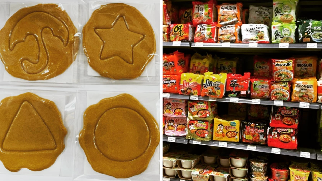 Gauche : Des bonbons dalgonas de Squid Game. Droite : Étalages de l'épicerie Jang Teu.