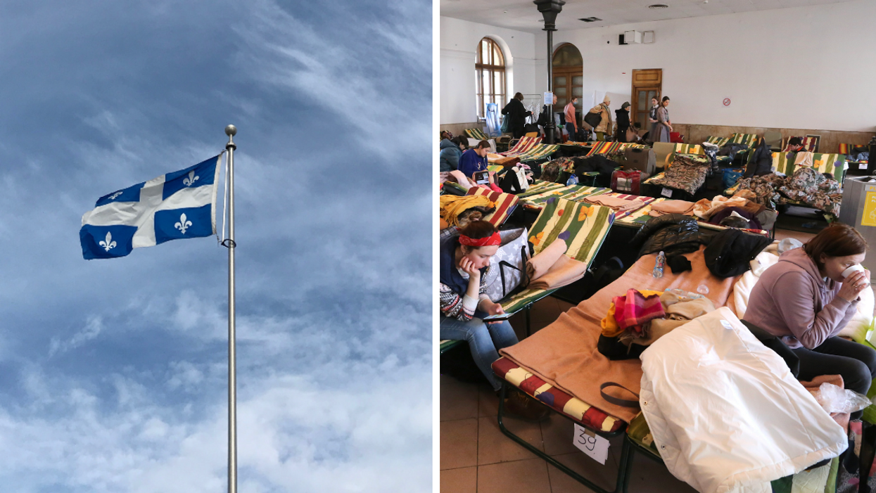 Gauche : Drapeau du Québec. Droite : Réfugiés ukrainiens dans un centre d'aide en Pologne.