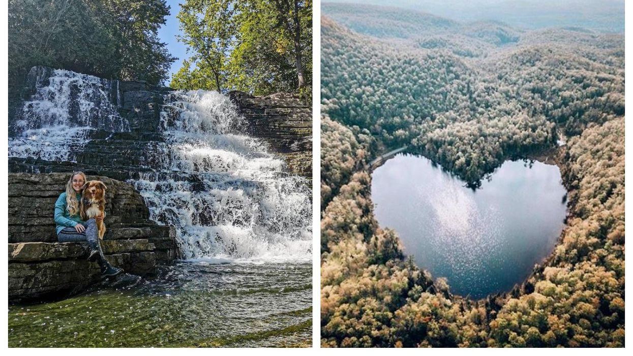 Gauche: photo de chutes, droite: photo de lac en coeur