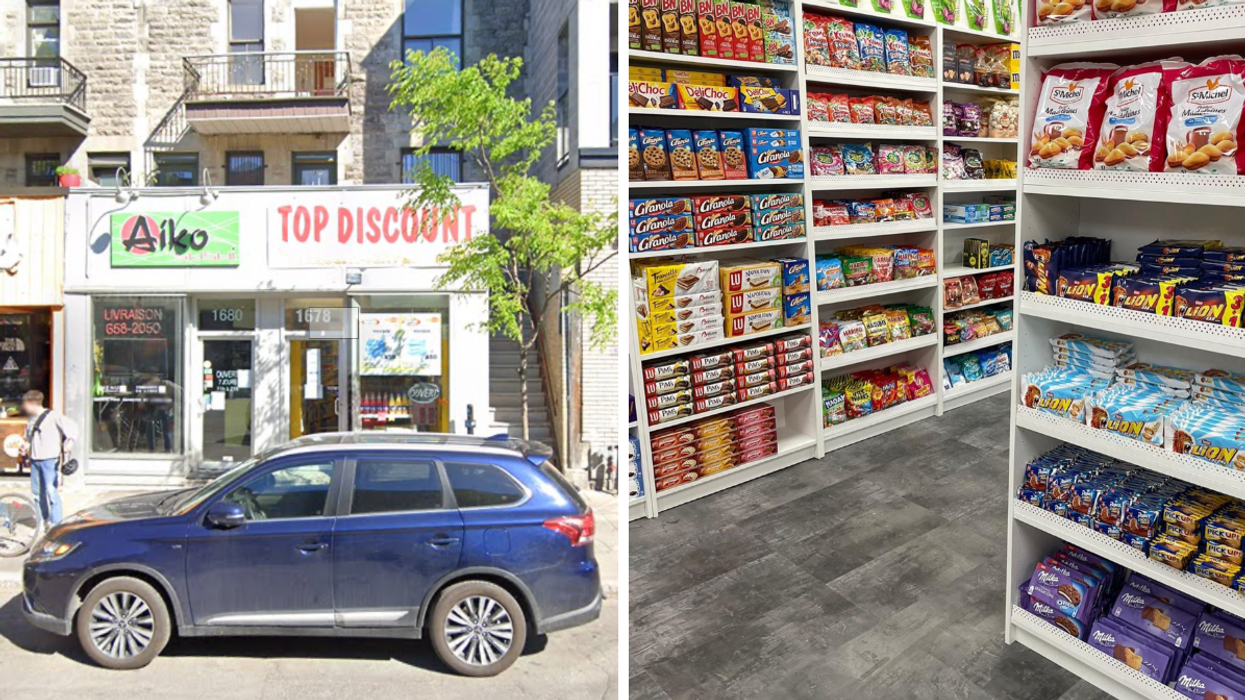 Gauche : Succursale de l'épicerie Top Discount Canada. Droite : Produits français.