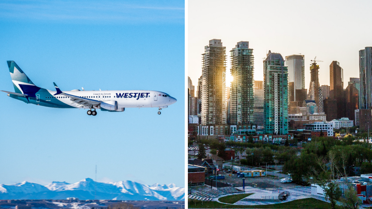 Gauche : Un avion WestJet. Droite : Ville de Calgary l'été.