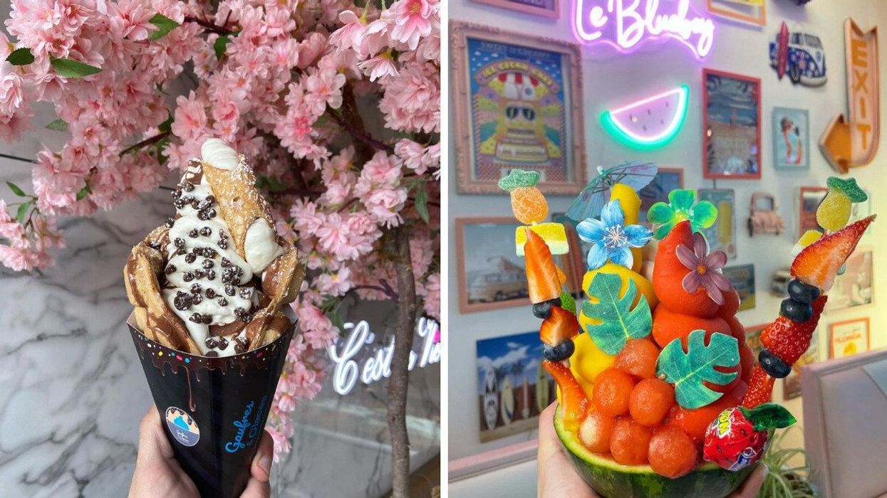 Gaufre garnie du Gaufres & Glaces. Droite : Bol du Blueboy.