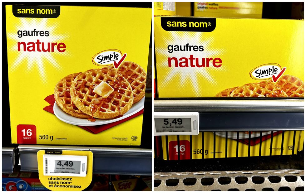 Gaufres Sans nom en vente chez Maxi. Droite : Gaufre Sans nom en vente chez Provigo.