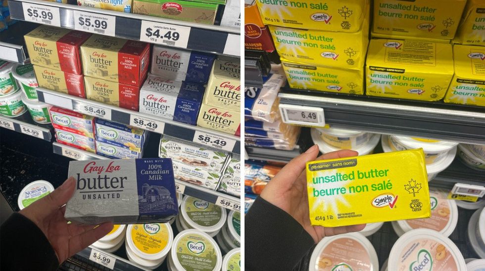 Gay Lea unsalted butter at Farm Boy. Right: No Name unsalted butter at Loblaws.