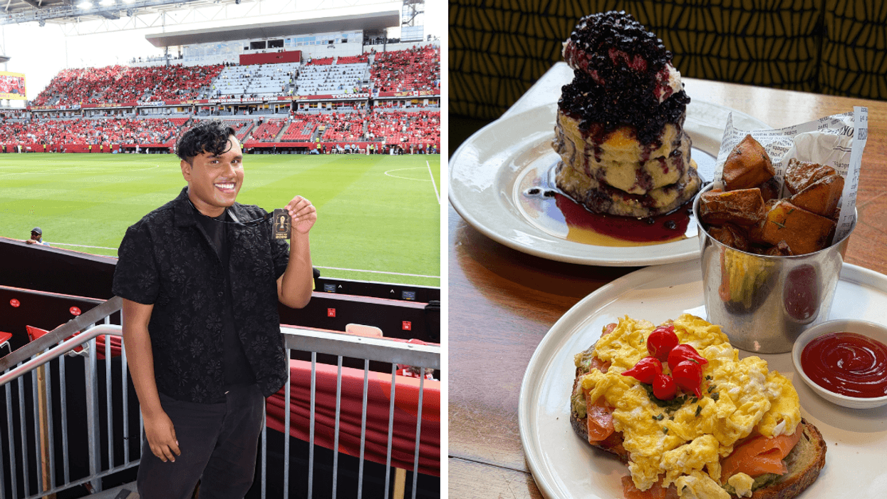 Geerthan stands in front of the pitch at Toronto Stadium. Right: Pancakes and eggs at Mildred's Temple Kitchen.
