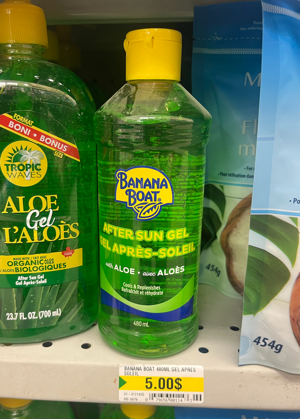 Gel apr\u00e8s-soleil de Banana Boat sur les tablettes au Dollarama.