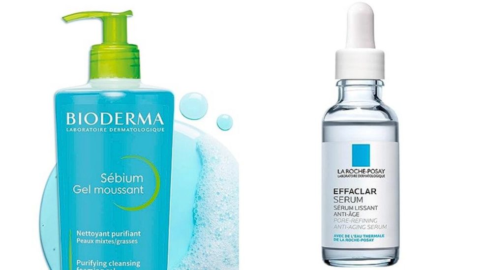 Gel moussant Bioderma. Droite : La Roche-Posay Effaclar S\u00e9rum.