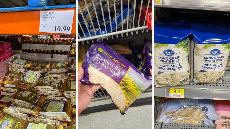 Gelda Gold rice at Costco. Middle: Five Rivers rice at Dollarama. Right: Great Value rice at Walmart.