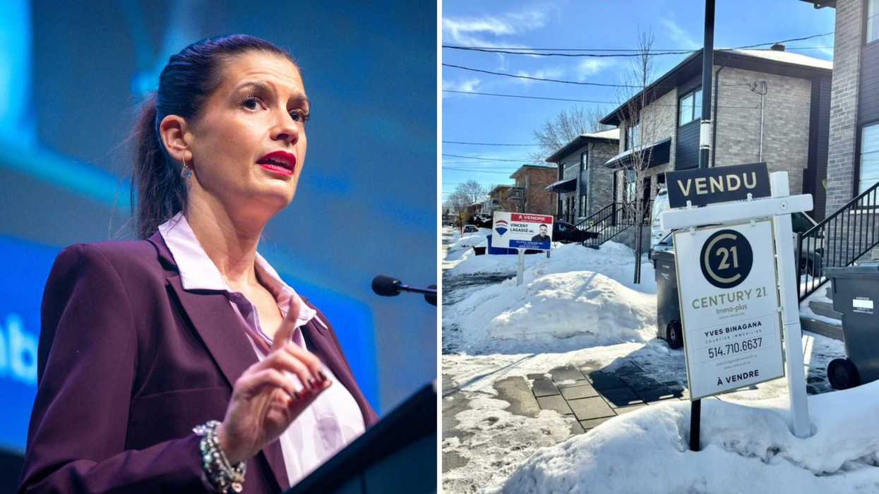 Geneviève Guilbault. Droite : des maisons à vendre.