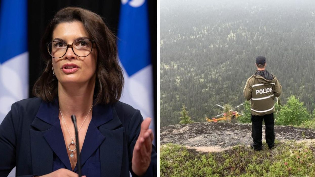 Geneviève Guilbault. Droite : Un policier de la SQ regarde un hélicoptère du haut d'une falaise.