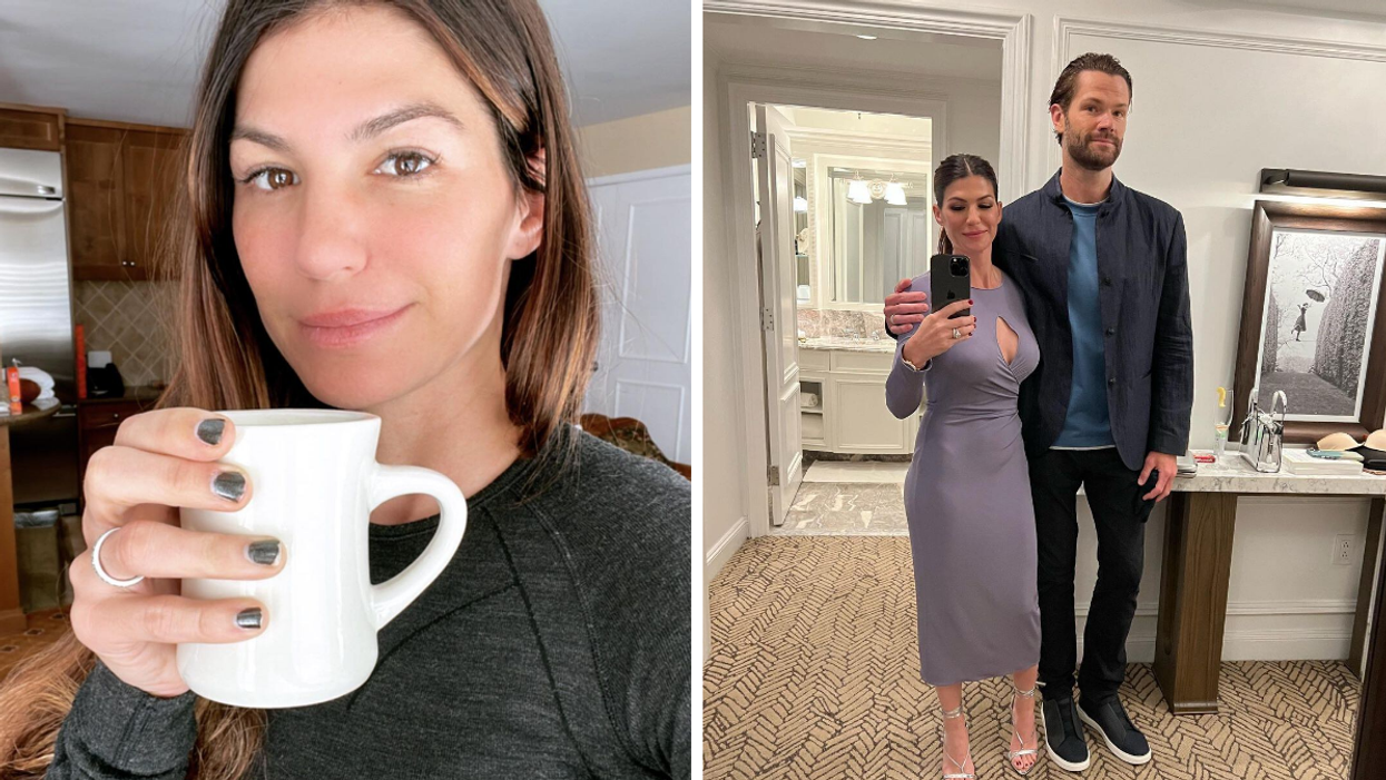 Genevieve Padalecki holding a coffee mug. Right: Genevieve and Jared Padalecki all dressed up.