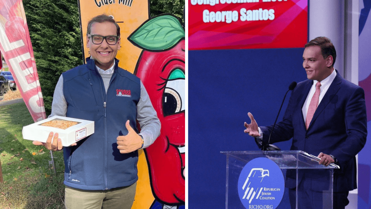 George Santos holding an apple pie. Right: George Santos giving a speech.