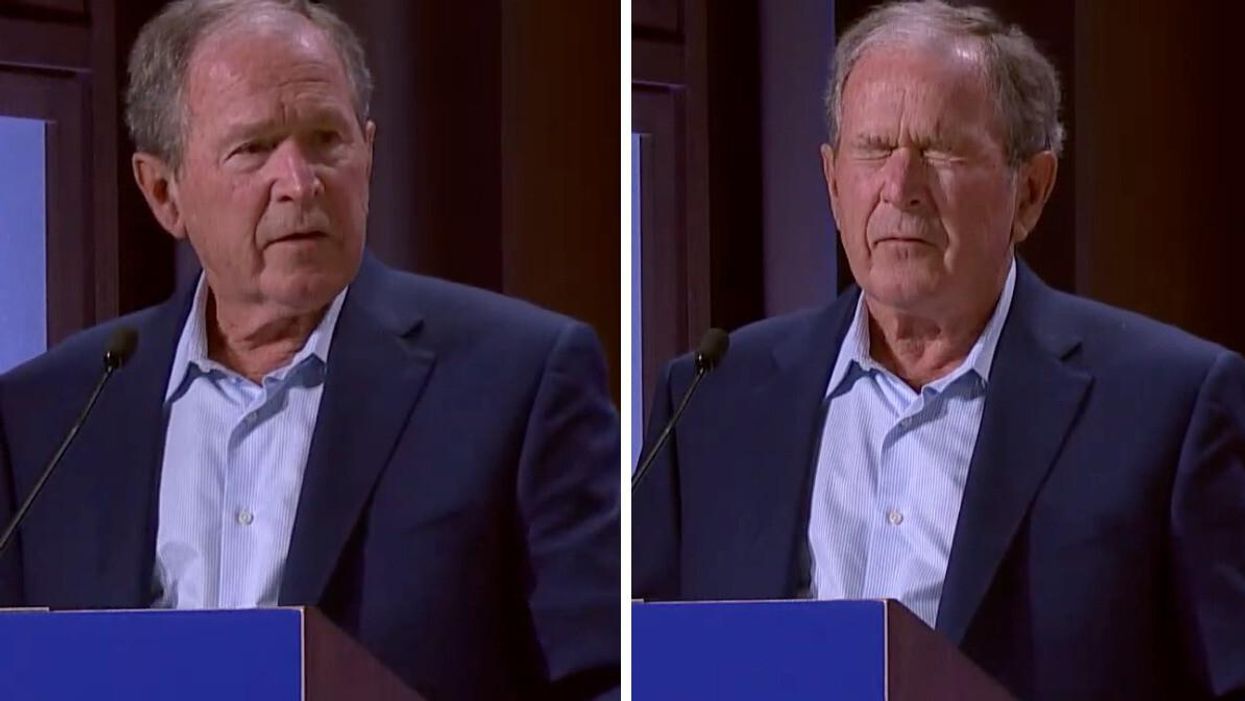 George W. Bush giving the speech in Dallas. Right: Bush after he made the mistake.