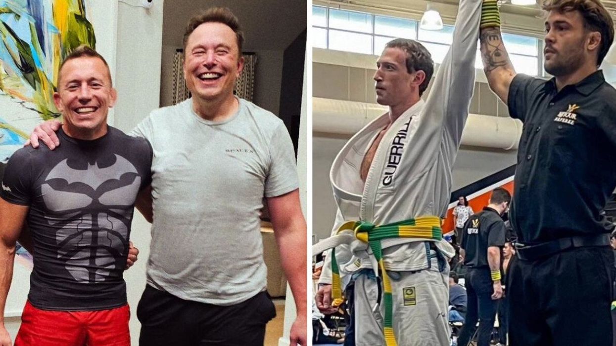 Georges St-Pierre and Elon Musk. Right: Mark Zuckerberg after winning a martial arts match.