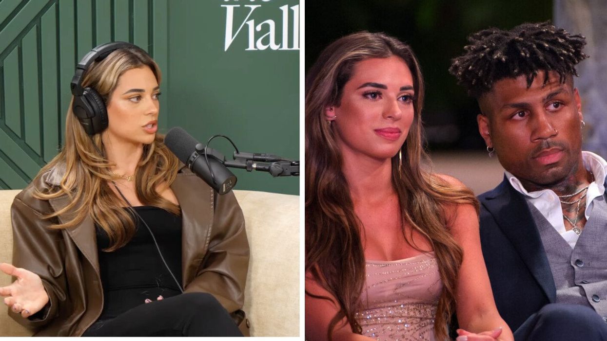 Georgia Hassarati on 'The Viall Files' podcast. Right: Georgia Hassarati and Dom Gabriel on the Netflix show 'Perfect Match.'