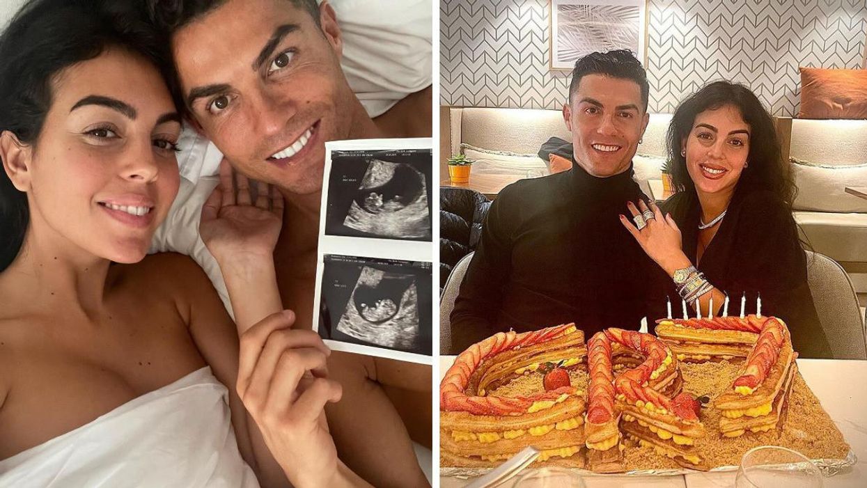 Georgina Rodríguez and Cristiano Ronaldo holding ultrasound images of their twins. Right: Cristiano Ronaldo and Georgina Rodríguez.