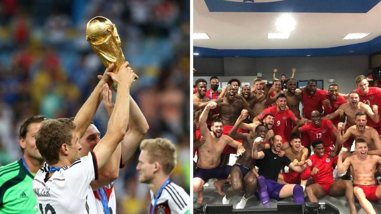 Germany players holding up the World Cup in 2014. Right: Canada men's national soccer team celebrating after a 2022 World Cup qualifier.