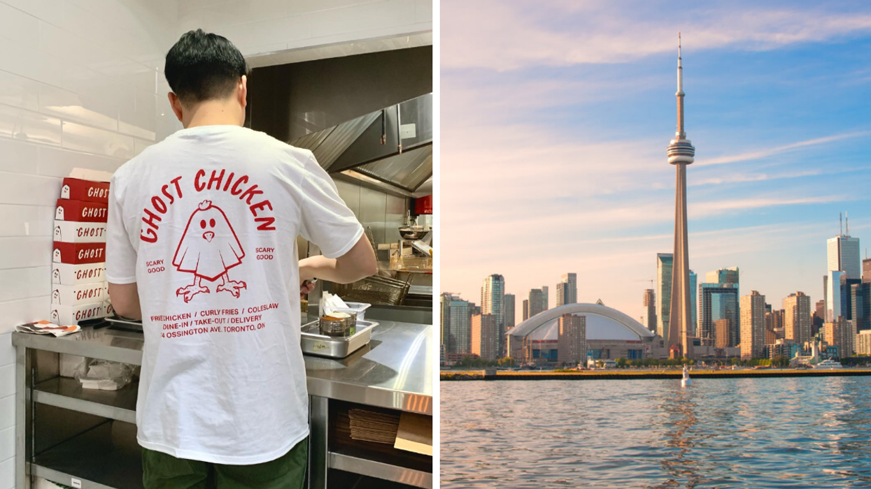 Ghost Chicken worker. Right: CN Tower.