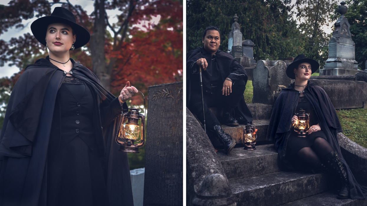 Ghost tour guide holding a lantern. Right: The Haunted Walk tour in a cemetery.