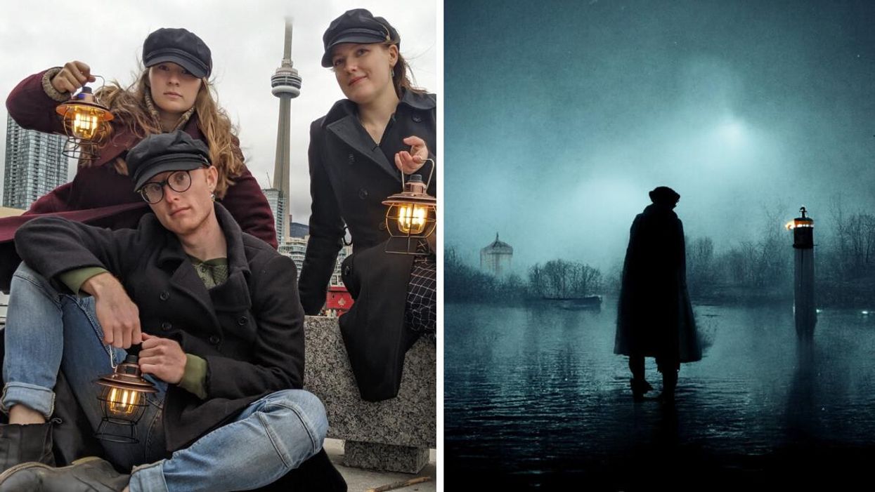 Ghost tour guides at the Toronto Harbour. Right: Man walking to a lighthouse in the dark.