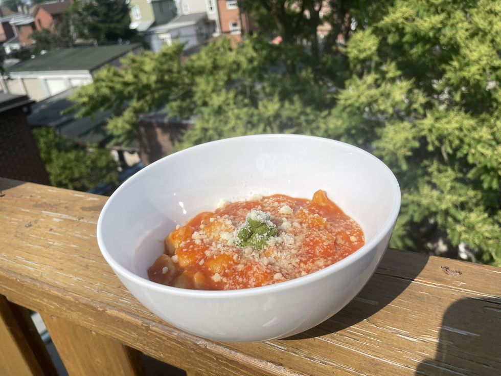 Gia's Ricotta Gnocchi Pomodoro with Pesto.
