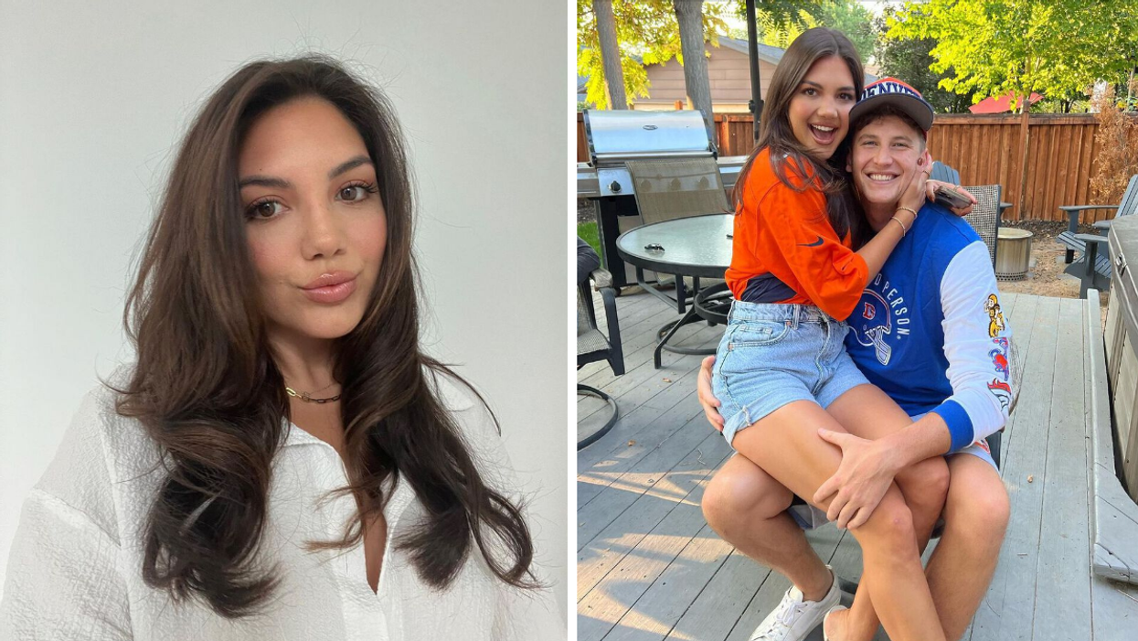 Giannina Gibelli. Right: Giannina Gibelli and Blake Horstmann in Denver Broncos gear.