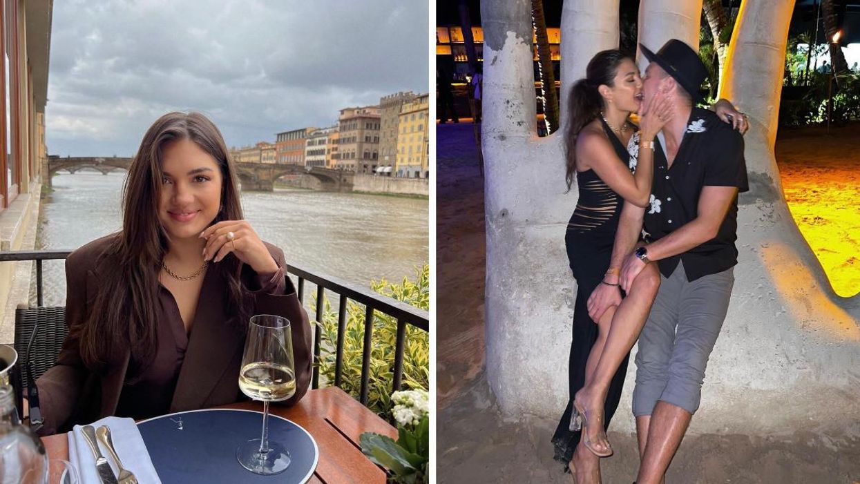 Giannina with a glass of wine in Italy. Right: Giannina kissing her new boyfriend Blake Horstmann.