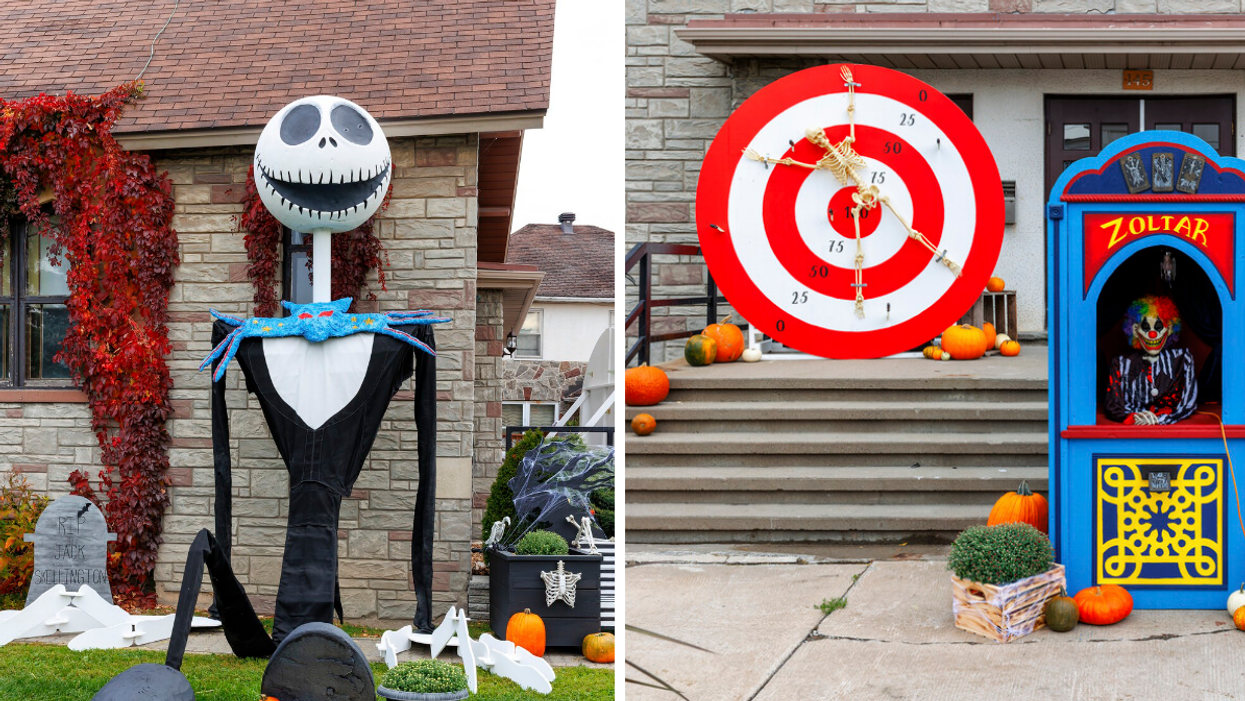 Giant Jack Skellington display. Right: Scary clown Zoltar with a skeleton target.