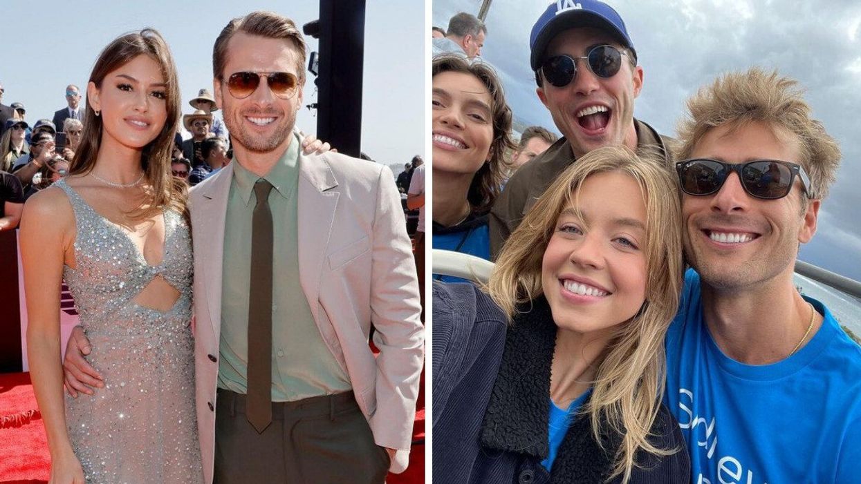 Gigi Paris and Glen Powell. Right: Sydney Sweeney and Glen Powell.