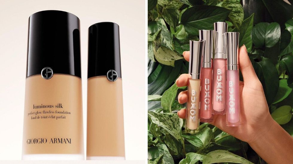 Giorgio Armani Luminous Silk Foundation. Right: Buxom's Full-On Plumping Lip Polish in several colours.