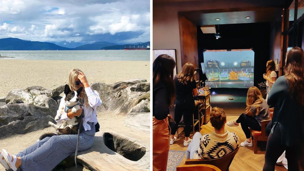 Girl and dog sitting at Spanish Banks Beach. Right: People sitting at One Under golf bar.