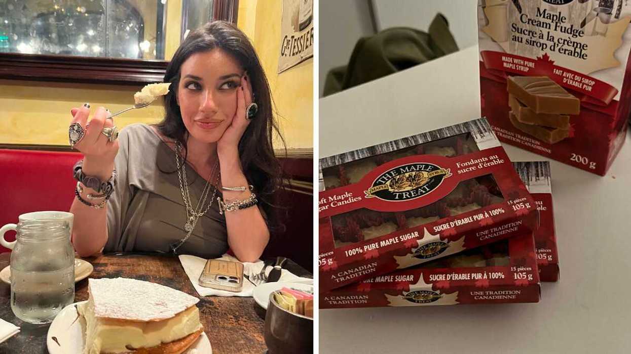 Girl at Bistro holds fork out while eating pastry. Right: Canadian Duty Free Maple Fudge.