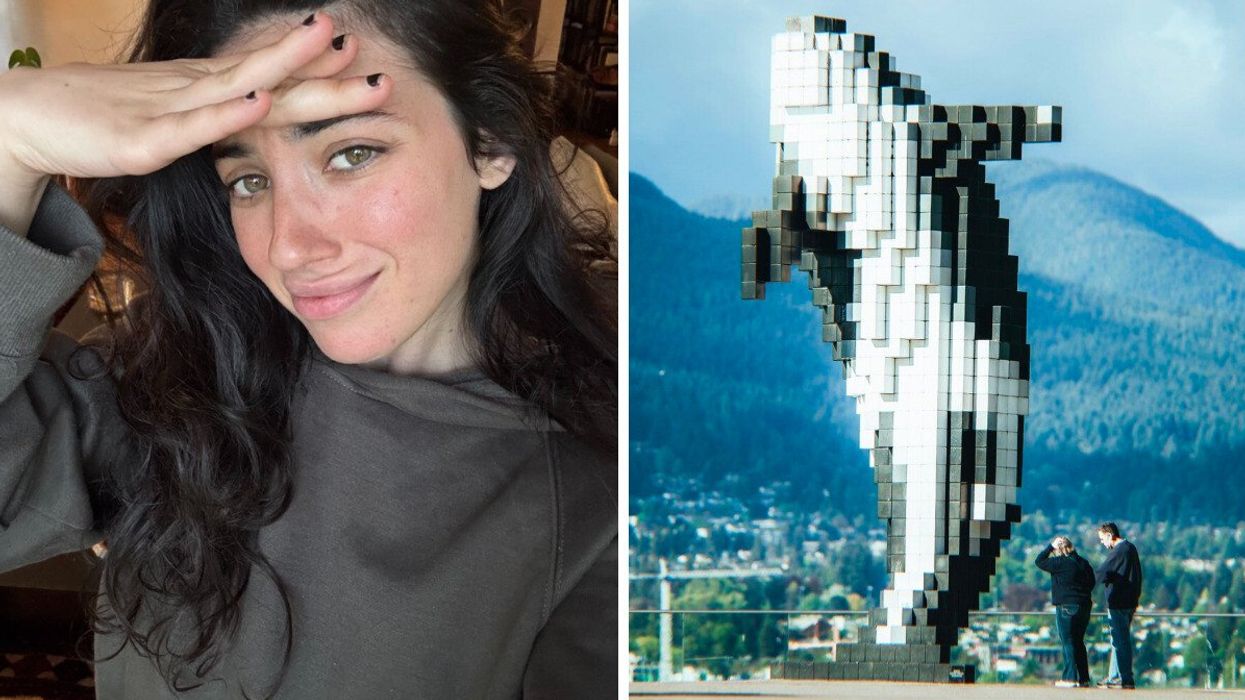 Girl cringes in selfie. Right: Digital Orca art installation in Vancouver