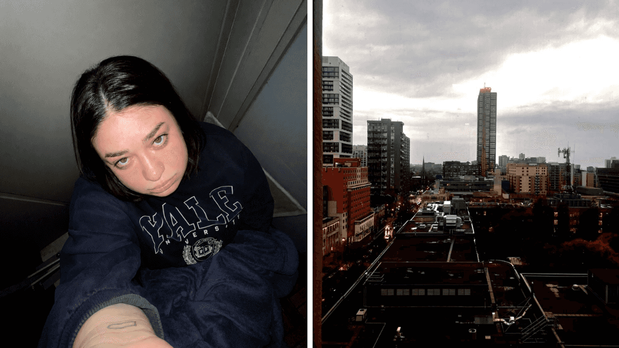 Girl crying on balcony. Right: View of Toronto from Condo Balcony