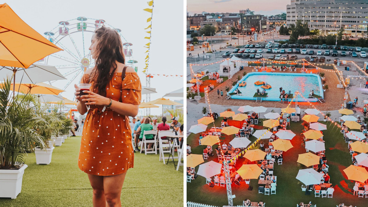 Girl drinking a cocktail on a garden patio by a ferris wheel. Right: Festival view of pool beach area and patio.