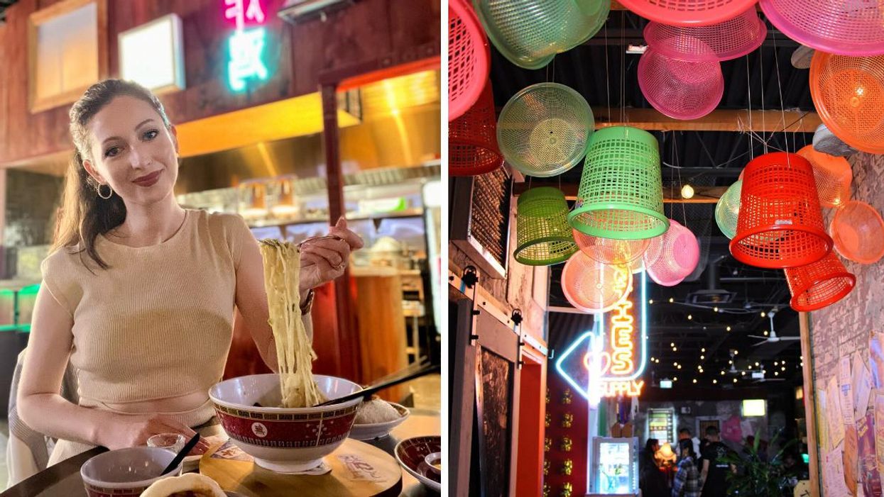 Girl eating a bowl of noodles. Right: Entranceway with colourful strainers hanging from ceiling.