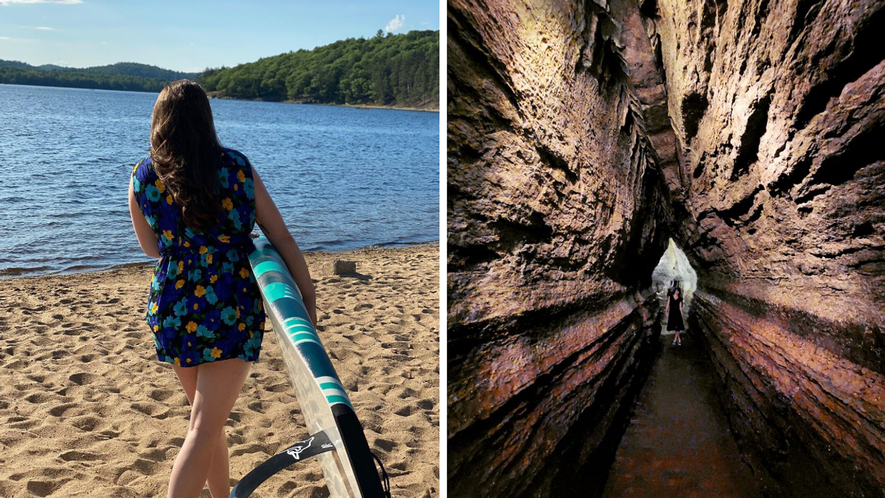 Girl holding a paddle board on a sandy beach. Right: Tunnel in Bonnechere Caves.