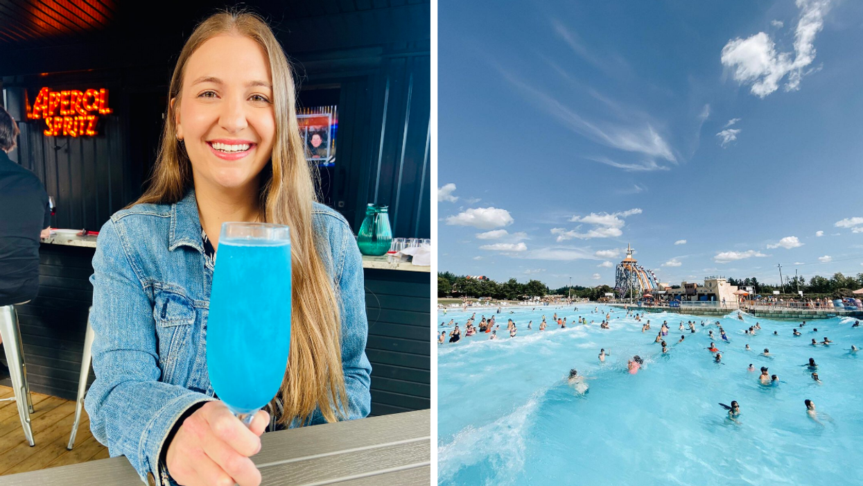 Girl holding blue glitter drink at Angelina. Right: Wave pool at Calypso water park.