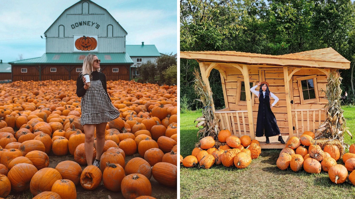 Girl holding coffee surrounded by pumpkins. Right: Girl posing in a quirky cabin with pumpkins.