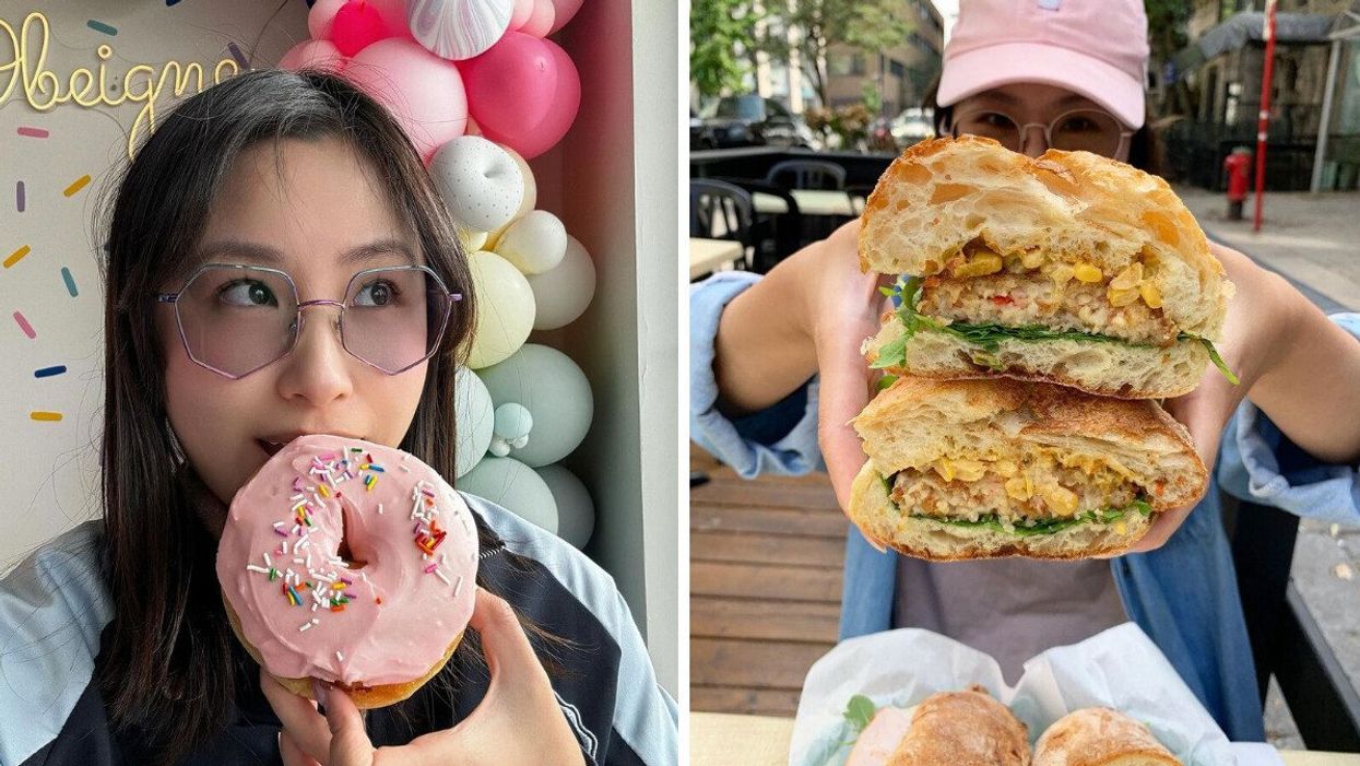 Girl holding donut close to face. Right: girl holding sandwhich towards the camera.
