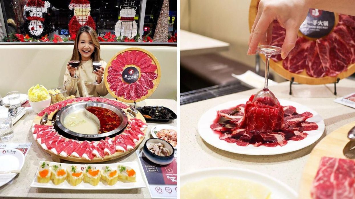 Girl holding drinks sitting in front of hotpot. Right: Red wine beef dish.