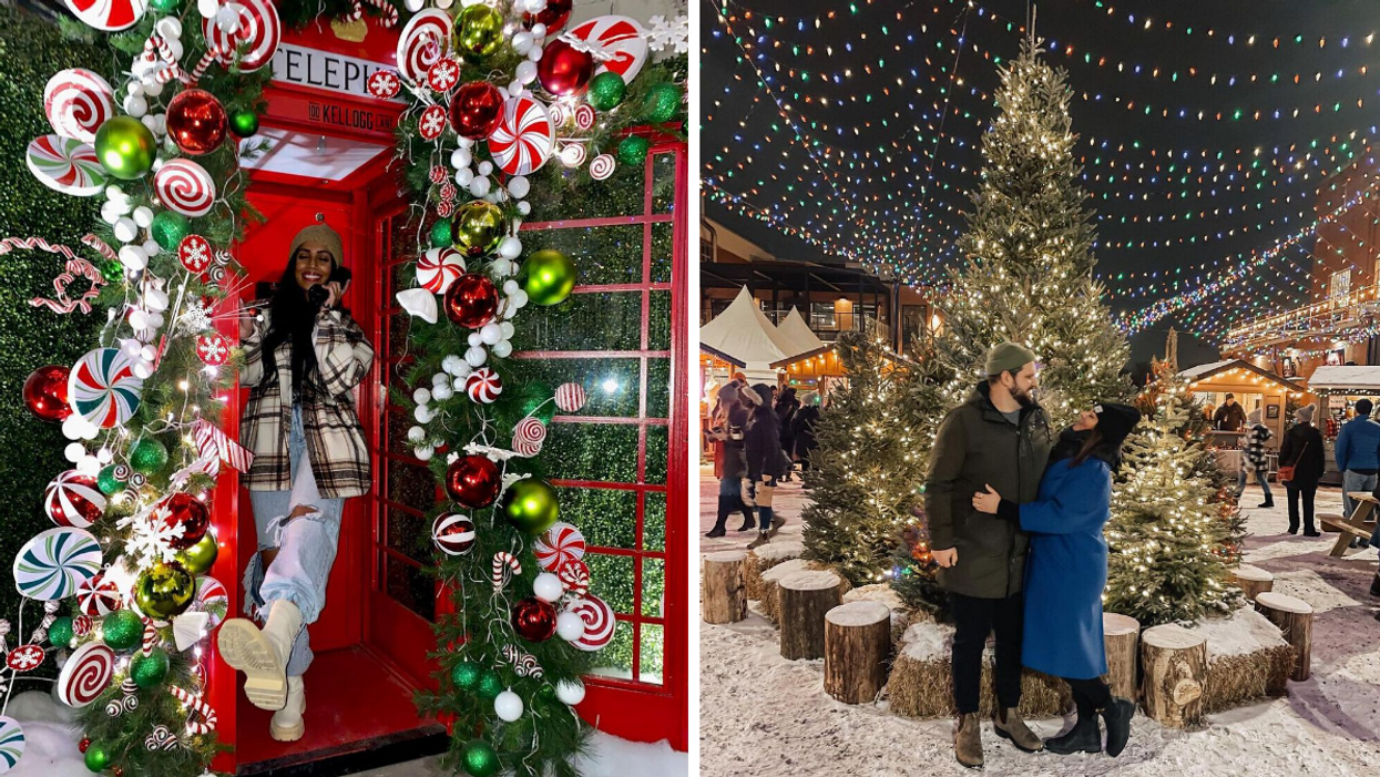 Girl in a red phone booth Christmas display. Right: Couple in the Winter Village market.