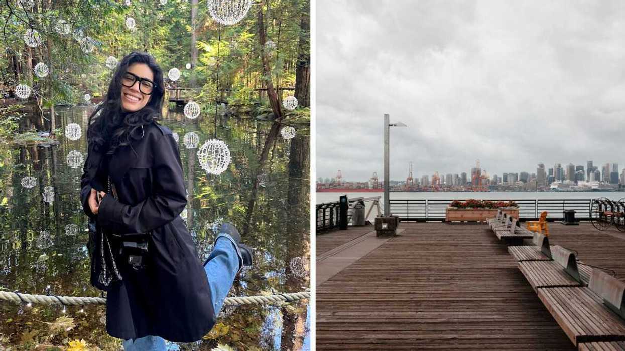 Girl in black coat smiles in front of outdoor light display. Right: wooden pier on moody day.