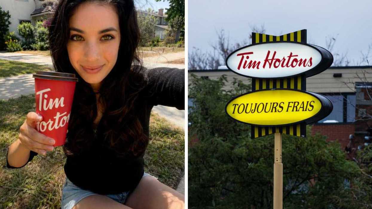 Girl in black sweater takes smiling selfie with red Tim Hortons coffee cup. Right: Tim Hortons gign.