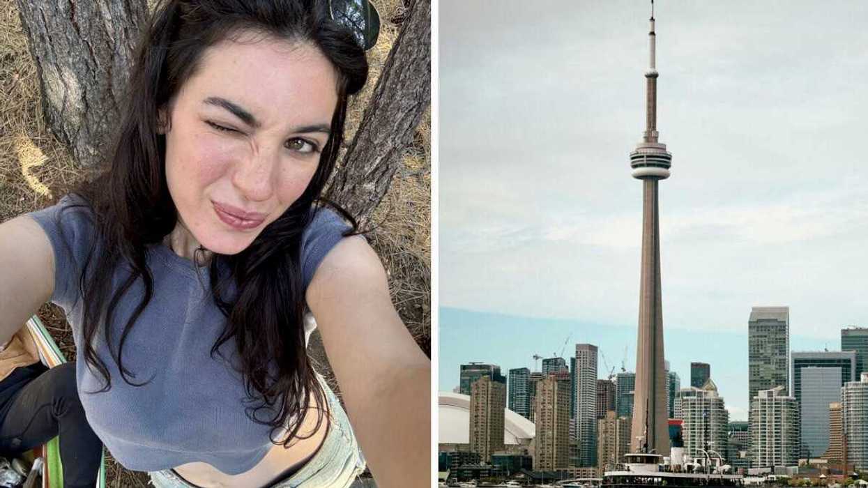 Girl in blue shirt takes selfie and winks. Right: Toronto skyline with CN tower.