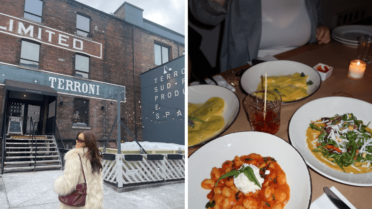 Girl in fur coat and red leather purse standing in front of Terroni Sign. Right: Restaurant tabletop.