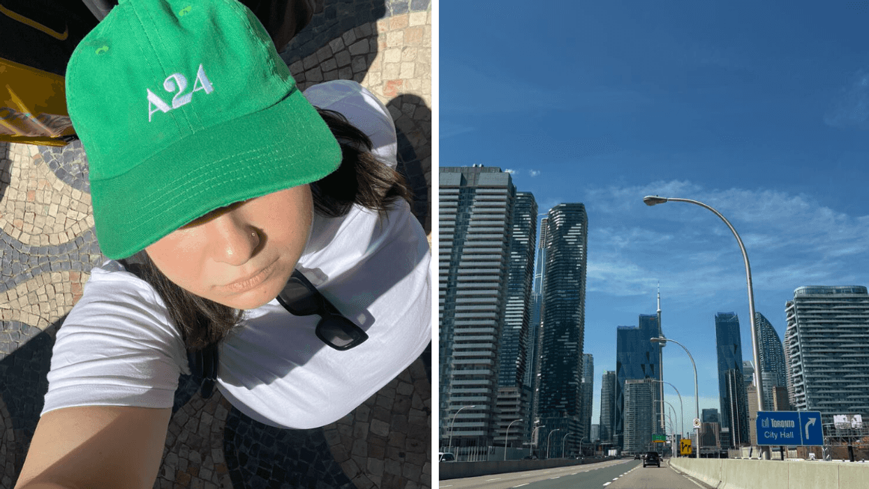Girl in green hat touring. Right: Toronto skyline from the highway