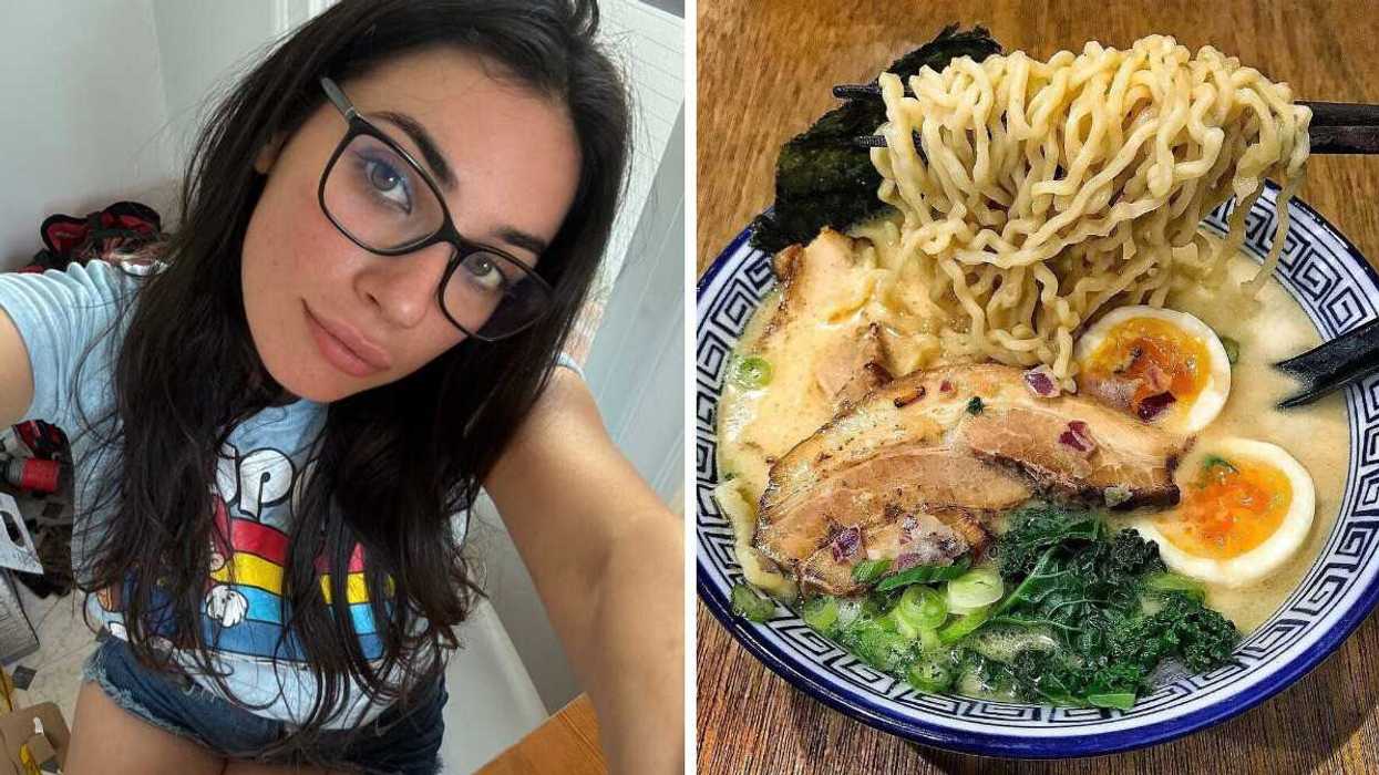 Girl in rainbow t-shirt and glasses taking selfie. Right: Bowl of ramen noodle soup on table.