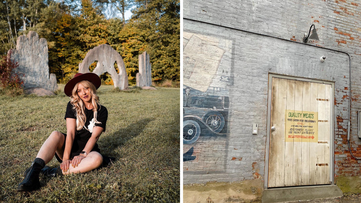 Girl in Screaming Heads park. Right: 'Quality meats' door from the movie 'IT'.